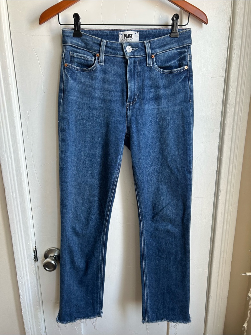 PAIGE High-Rise Straight Crop Blue Jeans (26)